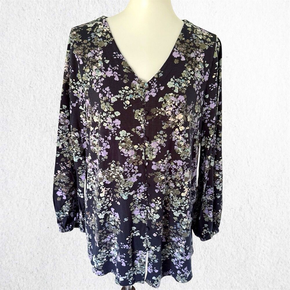 J Jill Top Shirt M Blue Purple Floral Knit Button Up Tunic V Neck Modal Soft